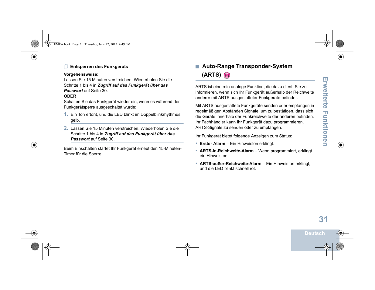 Entsperren des funkgeräts, Auto-range transponder-system (arts), Seite 31 | Erweiterte funktionen | Motorola DP 1400 User Manual | Page 83 / 402