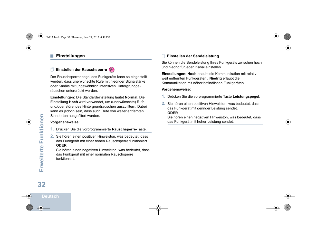 Einstellungen, Einstellen der rauschsperre, Einstellen der sendeleistung | Seite 32, Erweiterte funktionen | Motorola DP 1400 User Manual | Page 84 / 402