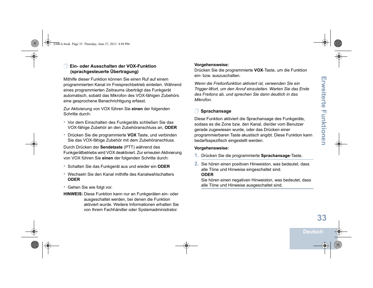 Sprachansage, Erweiterte funktionen | Motorola DP 1400 User Manual | Page 85 / 402