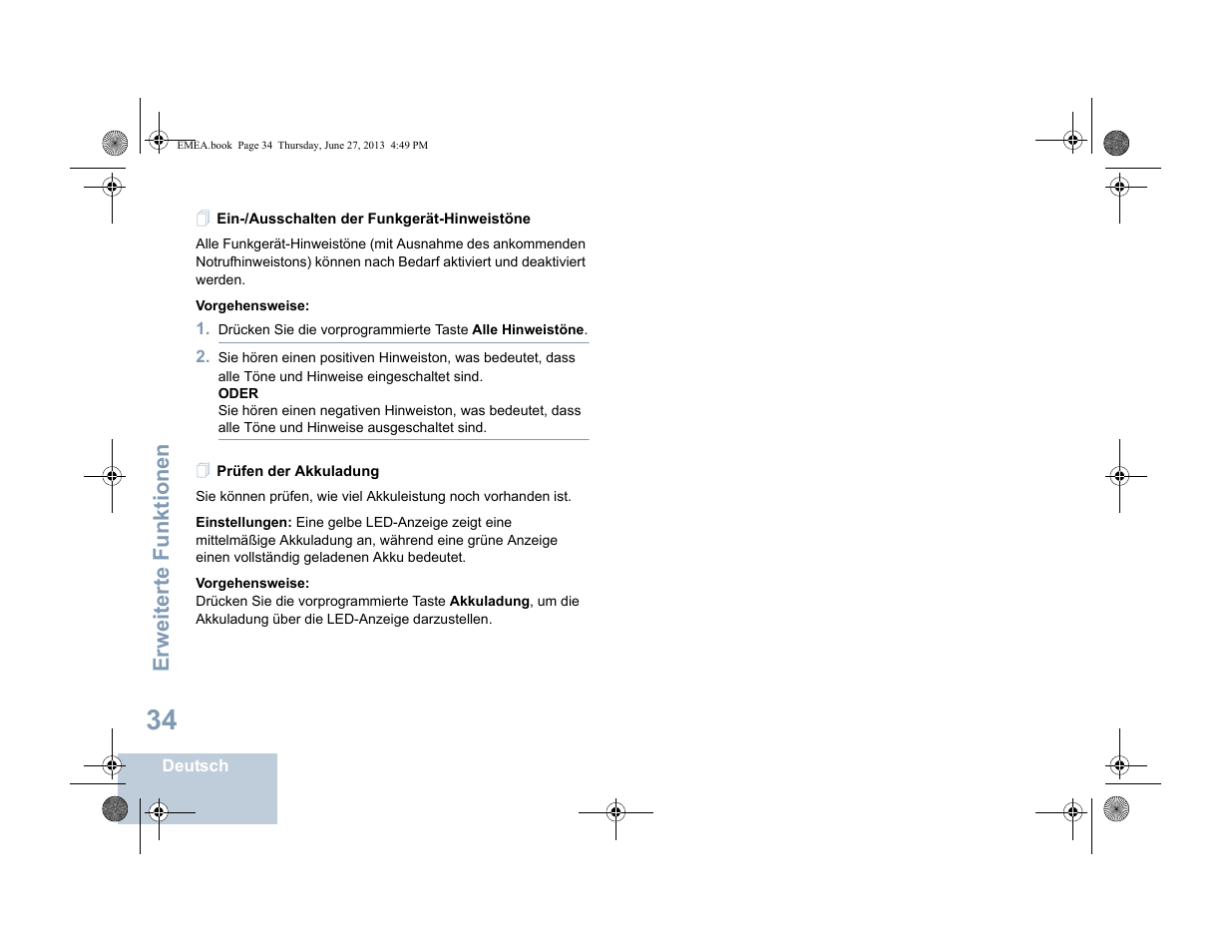 Ein-/ausschalten der funkgerät-hinweistöne, Prüfen der akkuladung, Erweiterte funktionen | Motorola DP 1400 User Manual | Page 86 / 402