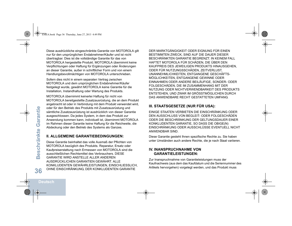 Ii. allgemeine garantiebedingungen, Iii. staatsgesetze (nur für usa), Iv. inanspruchnahme von garantieleistungen | Beschränkte garantie | Motorola DP 1400 User Manual | Page 88 / 402