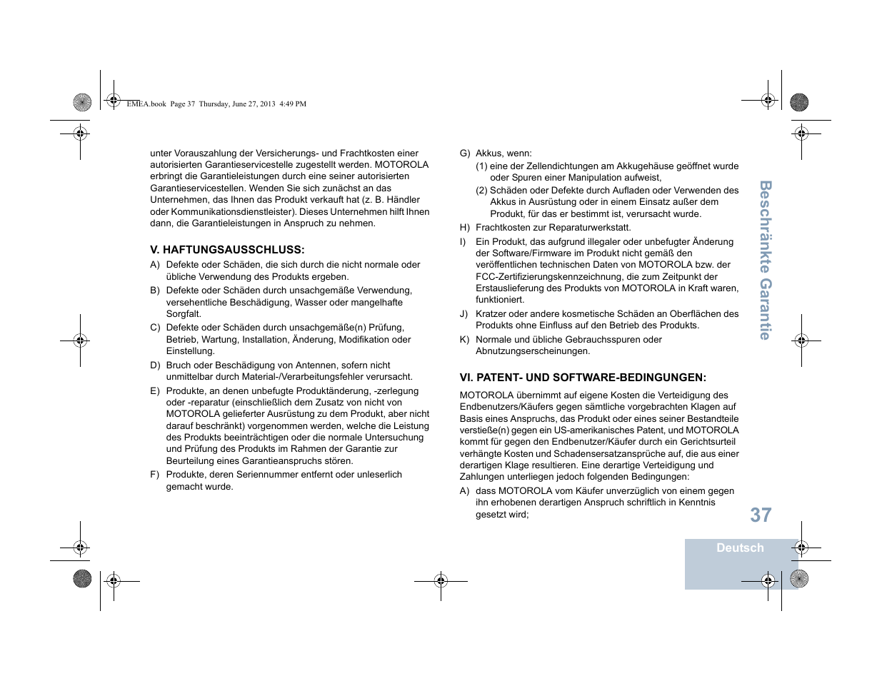 V. haftungsausschluss, Vi. patent- und software-bedingungen, Beschränkte garantie | Motorola DP 1400 User Manual | Page 89 / 402