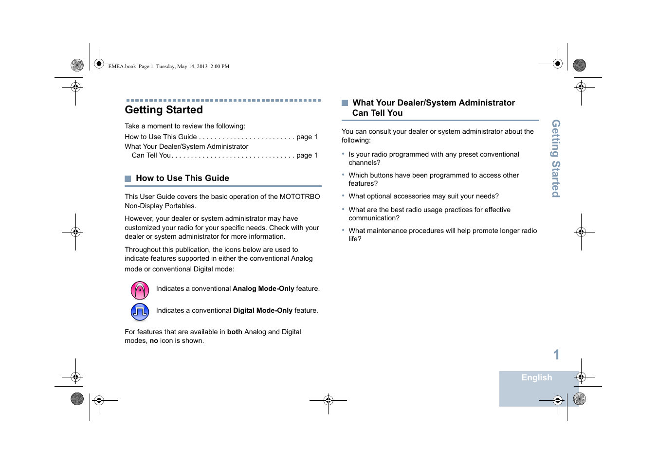 Getting started, How to use this guide, What your dealer/system administrator can tell you | Can tell you, Getting s tarted | Motorola DP 1400 User Manual | Page 9 / 402