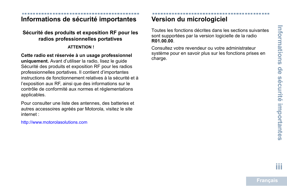 Informations de sécurité importantes, Version du micrologiciel | Motorola DP 1400 User Manual | Page 93 / 402
