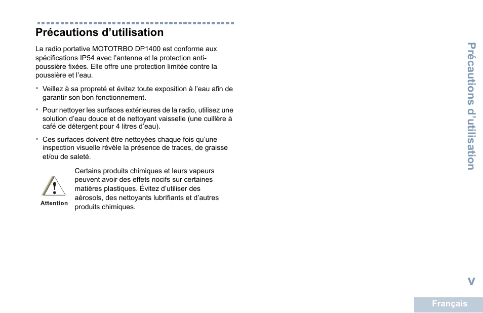 Précautions d’utilisation | Motorola DP 1400 User Manual | Page 95 / 402