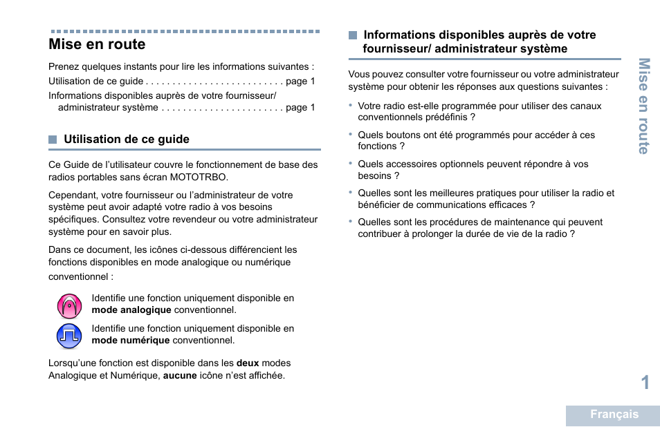 Mise en route, Utilisation de ce guide | Motorola DP 1400 User Manual | Page 97 / 402