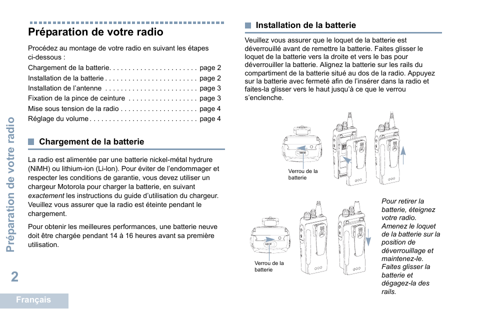 Préparation de votre radio, Chargement de la batterie, Installation de la batterie | Motorola DP 1400 User Manual | Page 98 / 402