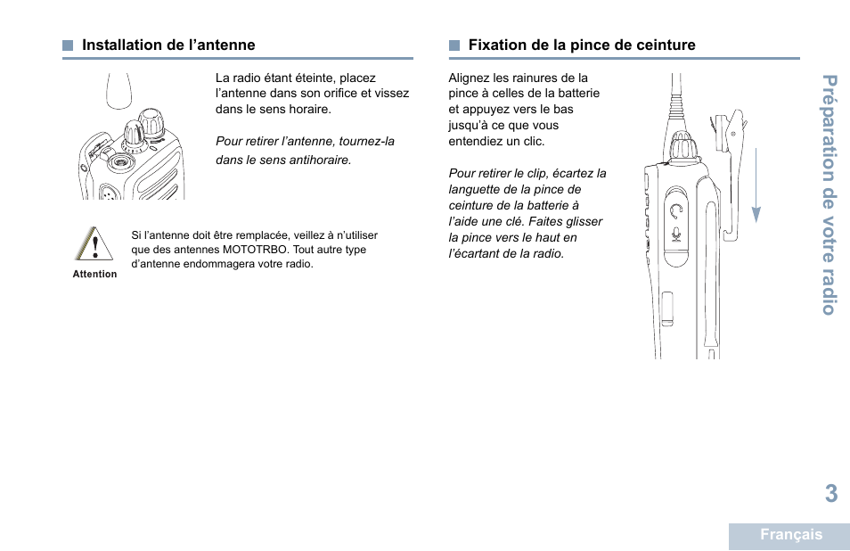 Installation de l’antenne, Fixation de la pince de ceinture | Motorola DP 1400 User Manual | Page 99 / 402