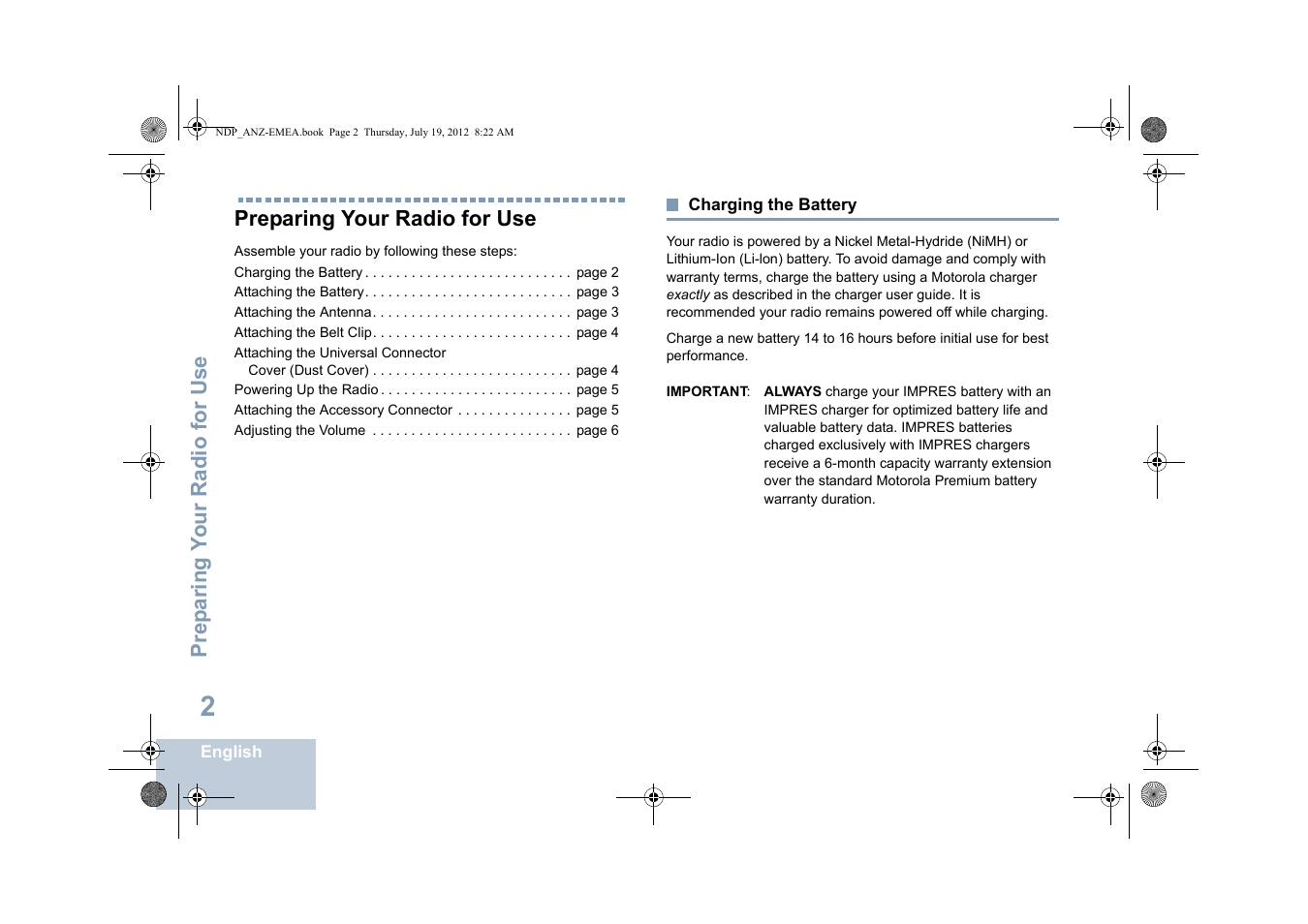 Preparing your radio for use, Charging the battery | Motorola DP 2400 User Manual | Page 10 / 472