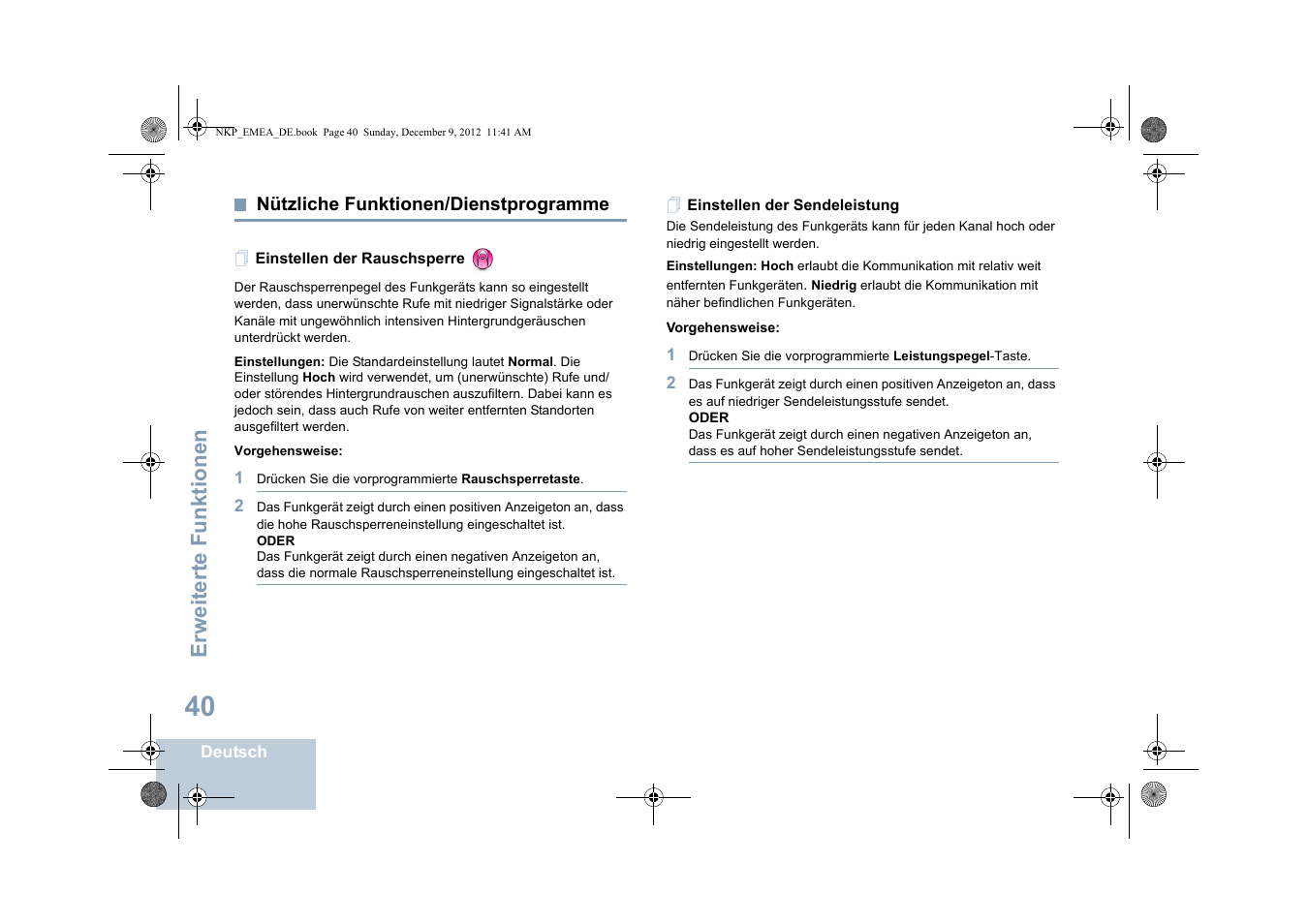 Nützliche funktionen/dienstprogramme, Einstellen der rauschsperre, Einstellen der sendeleistung | Seite 40, Erweiterte funktionen | Motorola DP 2400 User Manual | Page 100 / 472