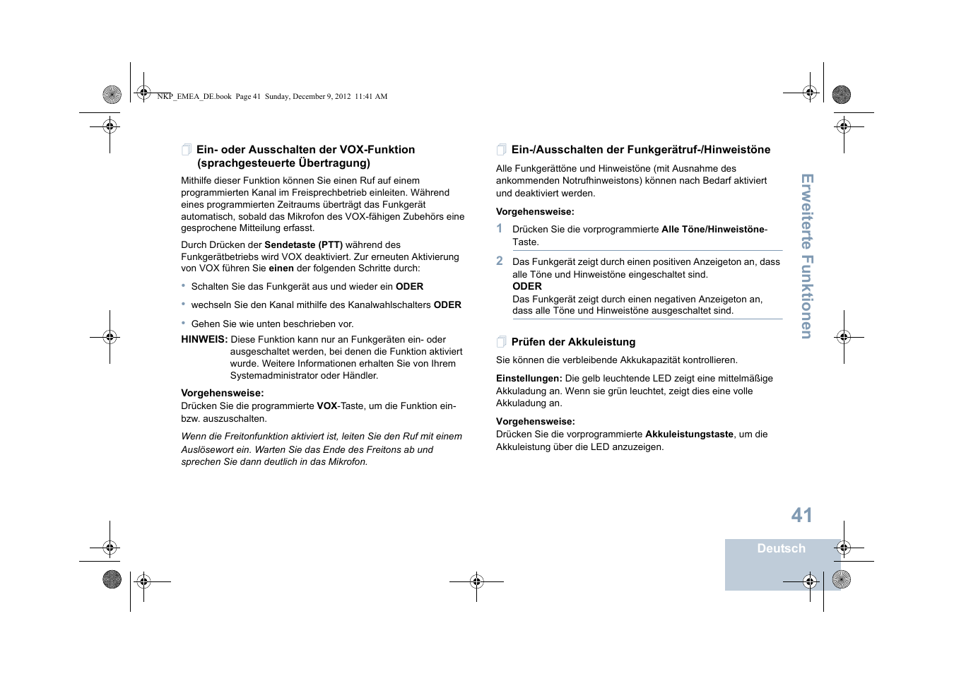 Ein-/ausschalten der funkgerätruf-/hinweistöne, Prüfen der akkuleistung, Erweiterte funktionen | Motorola DP 2400 User Manual | Page 101 / 472