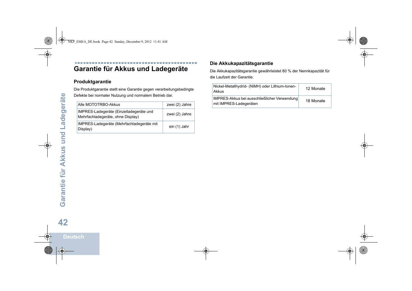 Garantie für akkus und ladegeräte, Gara nti e für akk u s und ladege rät e | Motorola DP 2400 User Manual | Page 102 / 472