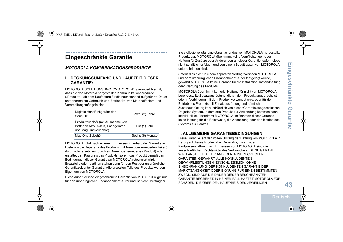 Eingeschränkte garantie | Motorola DP 2400 User Manual | Page 103 / 472