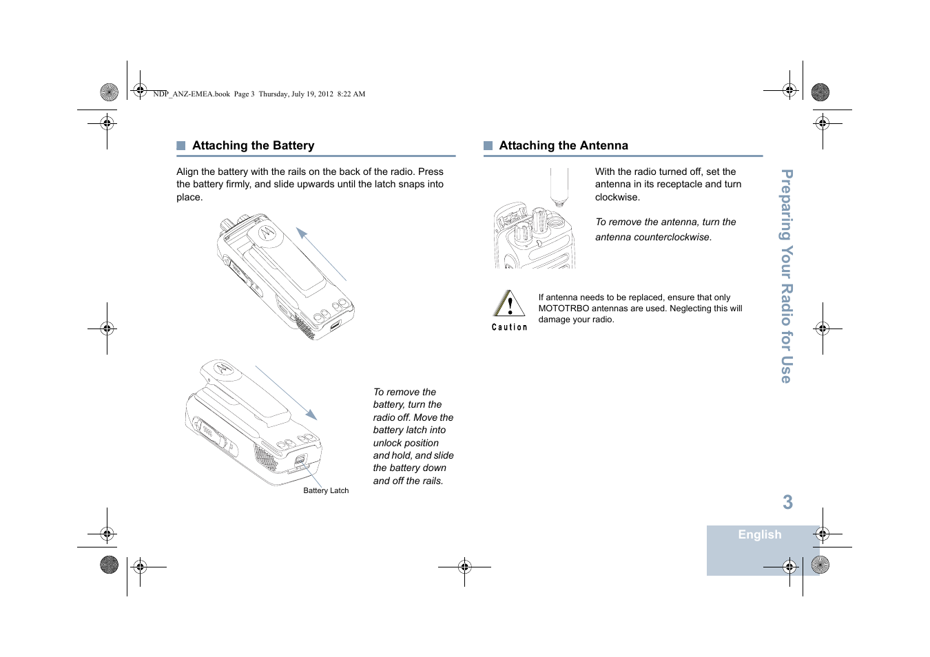 Attaching the battery, Attaching the antenna, Attaching the battery attaching the antenna | Motorola DP 2400 User Manual | Page 11 / 472