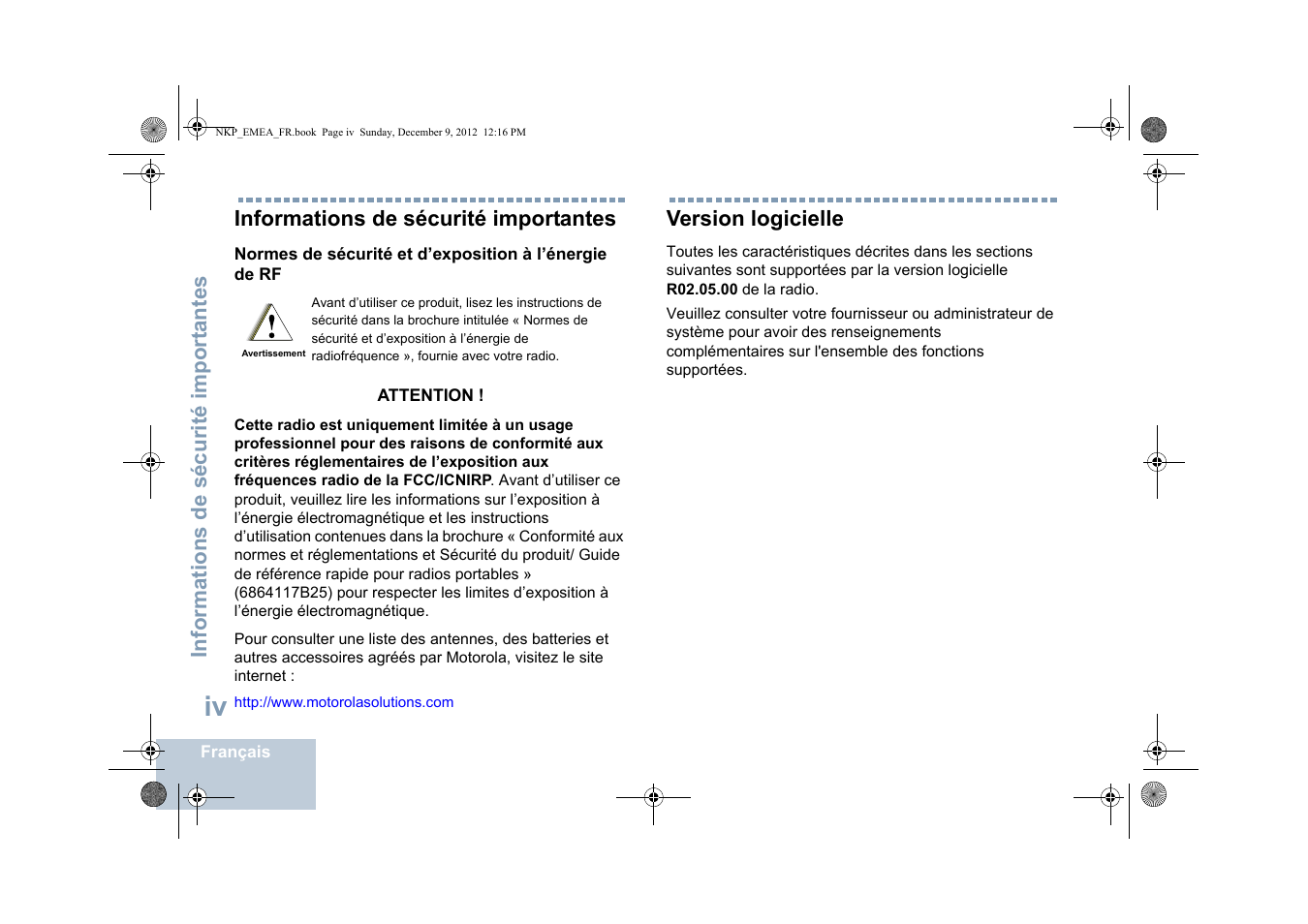 Informations de sécurité importantes, Version logicielle | Motorola DP 2400 User Manual | Page 110 / 472