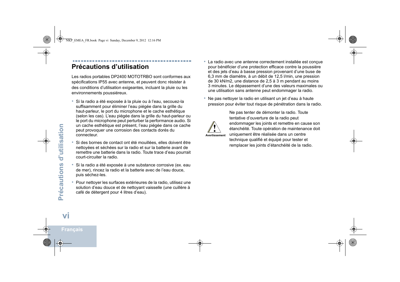 Précautions d’utilisation | Motorola DP 2400 User Manual | Page 112 / 472