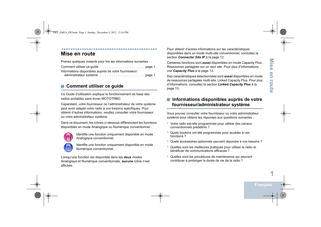 Mise en route, Comment utiliser ce guide, Fournisseur/administrateur système | Motorola DP 2400 User Manual | Page 113 / 472