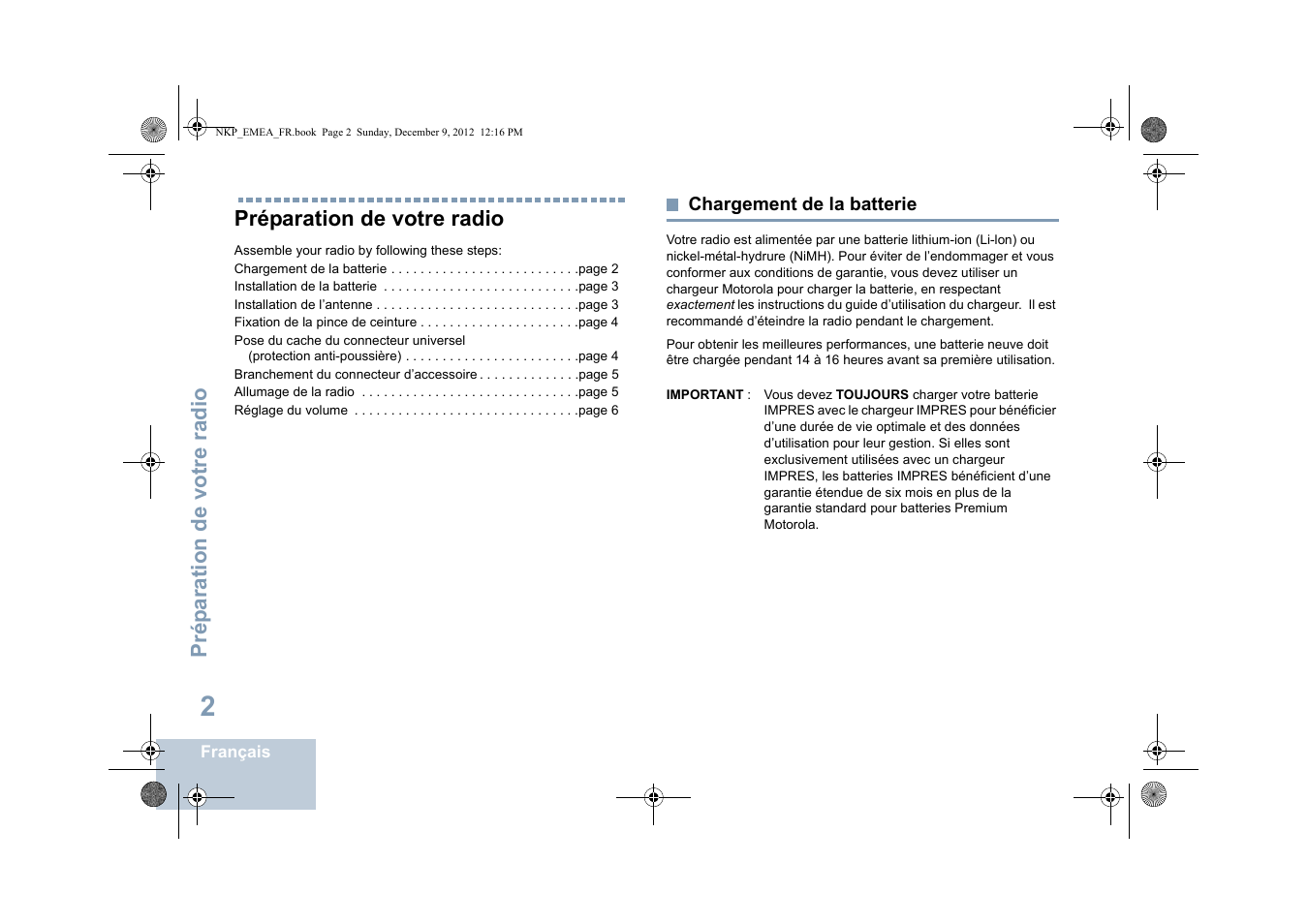 Préparation de votre radio, Chargement de la batterie, Prép aration de votre radio | Motorola DP 2400 User Manual | Page 114 / 472