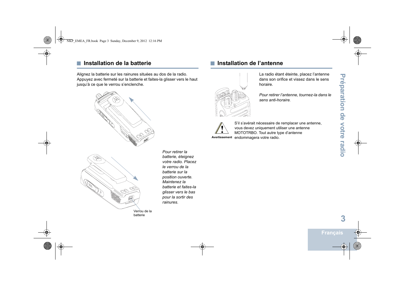 Installation de la batterie, Installation de l’antenne, Prép aration de votre radio | Motorola DP 2400 User Manual | Page 115 / 472