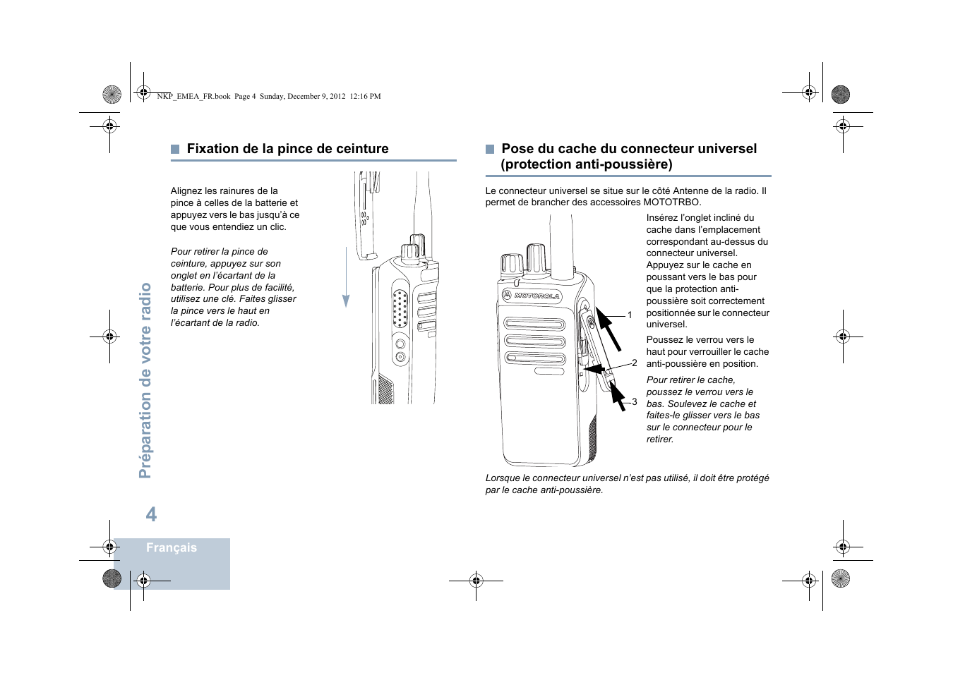 Fixation de la pince de ceinture, Protection anti-poussière), Prép aration de votre radio | Motorola DP 2400 User Manual | Page 116 / 472