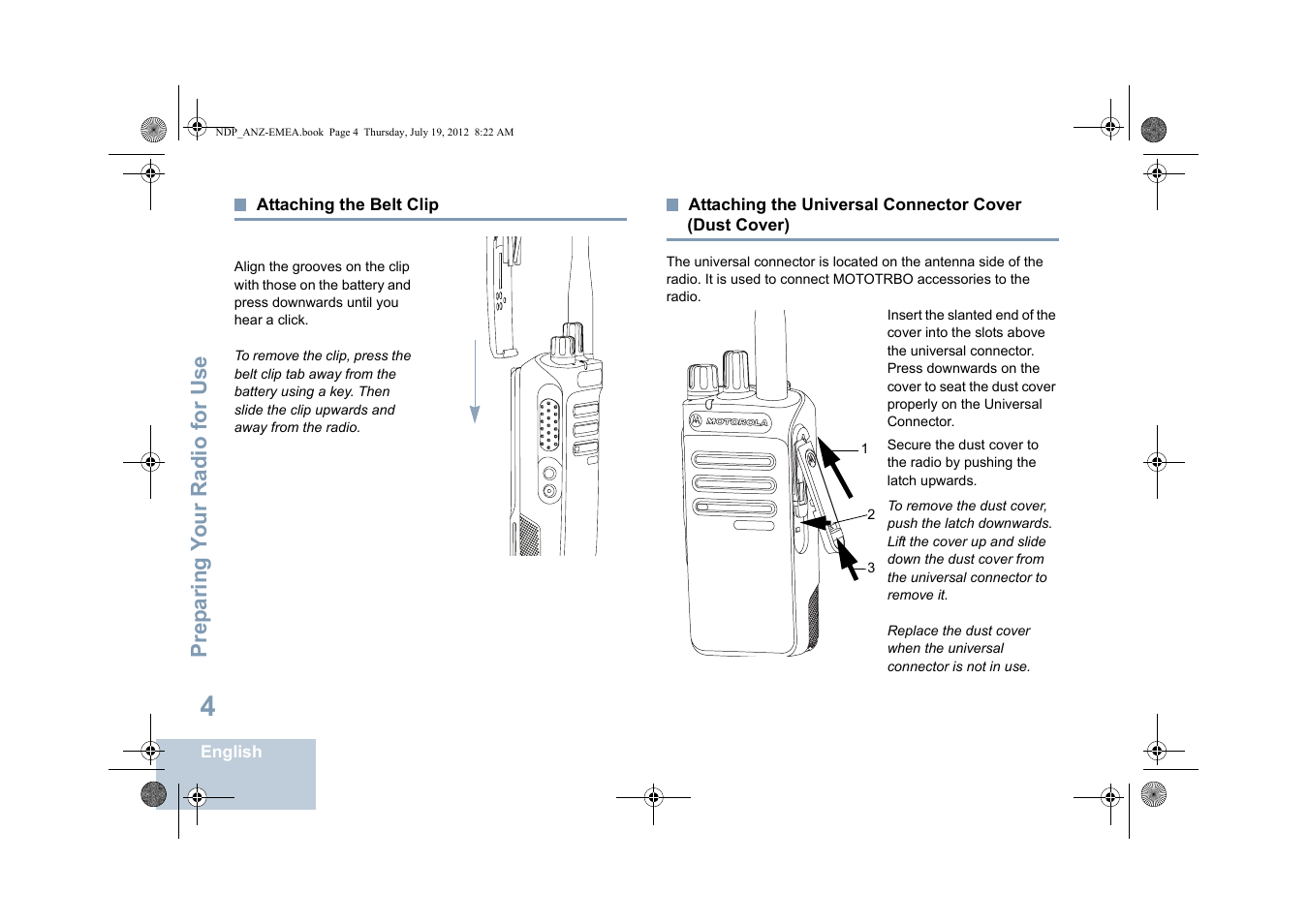 Attaching the belt clip, Dust cover) | Motorola DP 2400 User Manual | Page 12 / 472