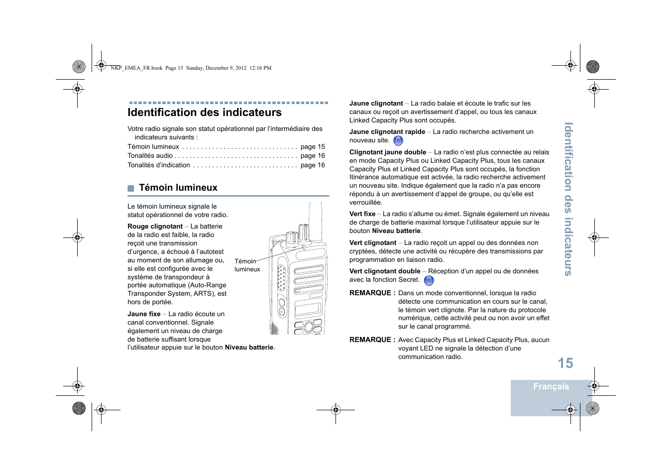 Identification des indicateurs, Témoin lumineux | Motorola DP 2400 User Manual | Page 127 / 472