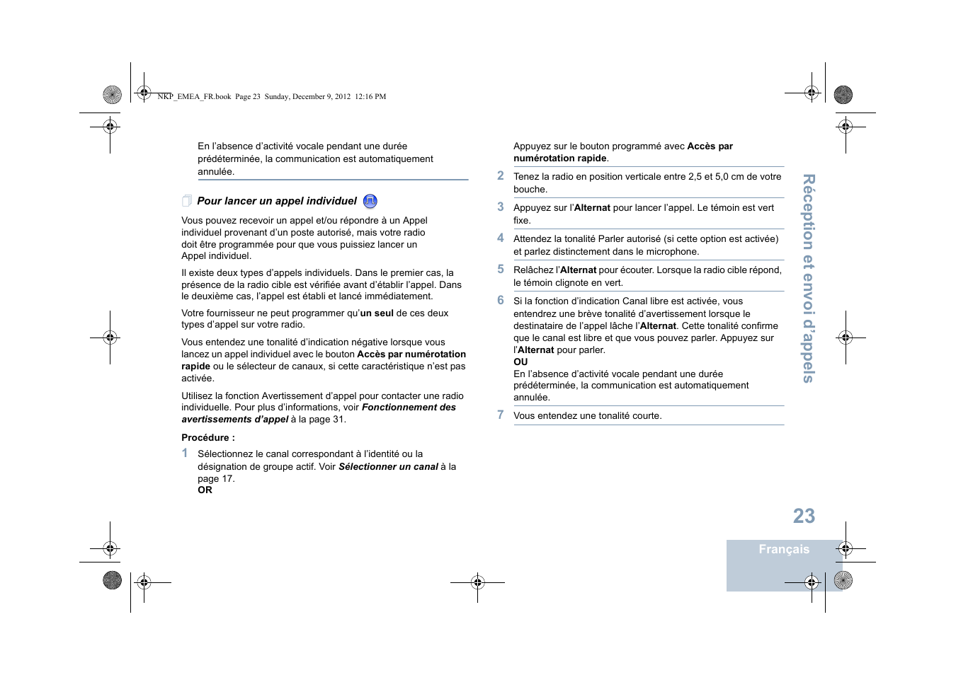 Pour lancer un appel individuel, Réception et envoi d’appels | Motorola DP 2400 User Manual | Page 135 / 472