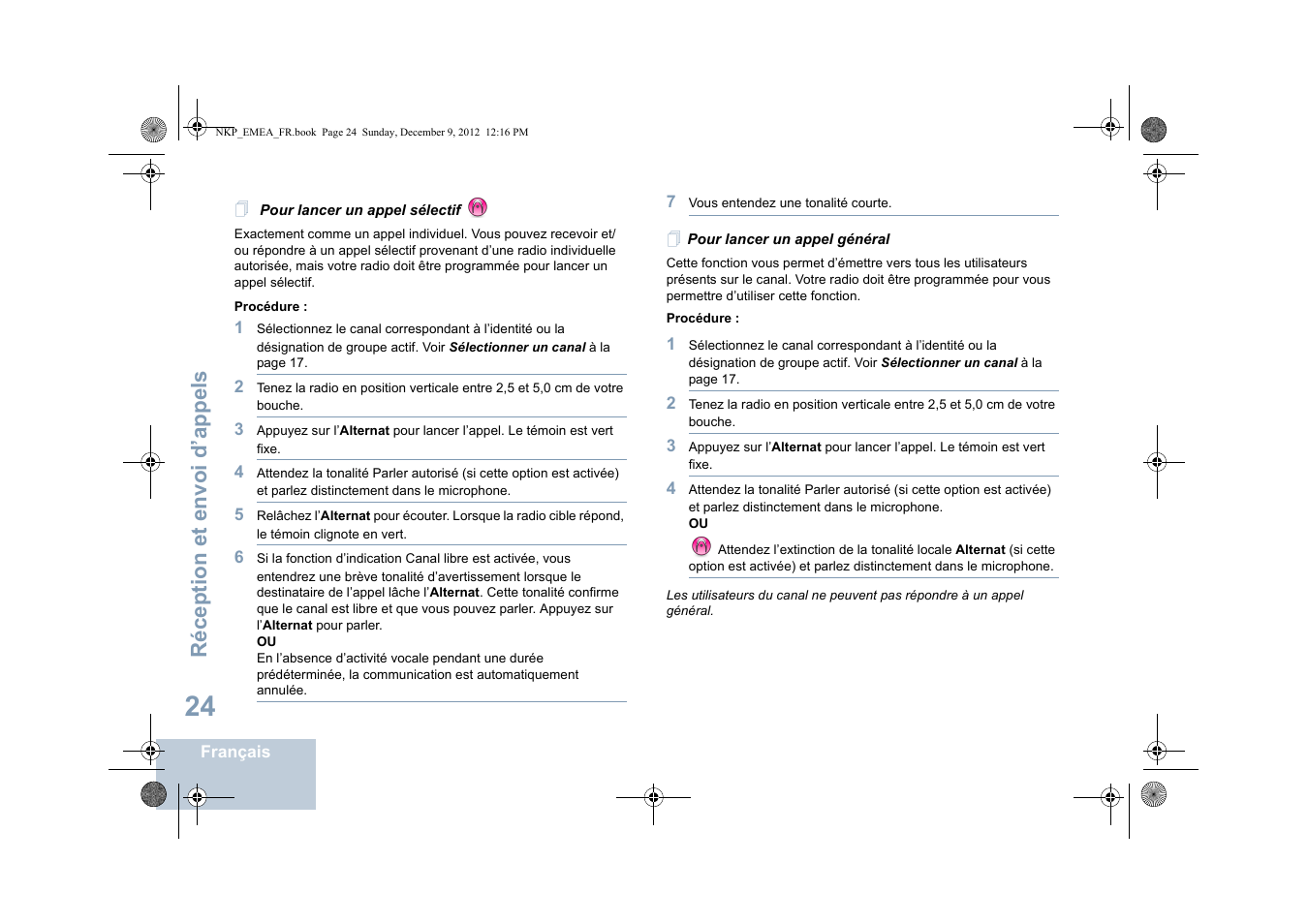 Pour lancer un appel sélectif, Pour lancer un appel général, Réception et envoi d’appels | Motorola DP 2400 User Manual | Page 136 / 472