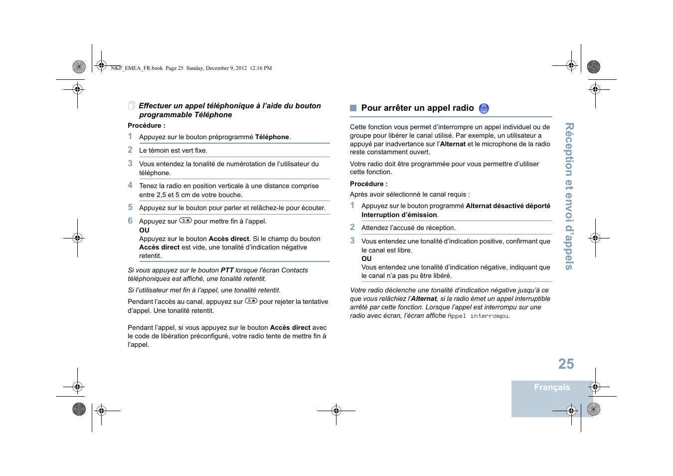 Pour arrêter un appel radio, Réception et envoi d’appels | Motorola DP 2400 User Manual | Page 137 / 472