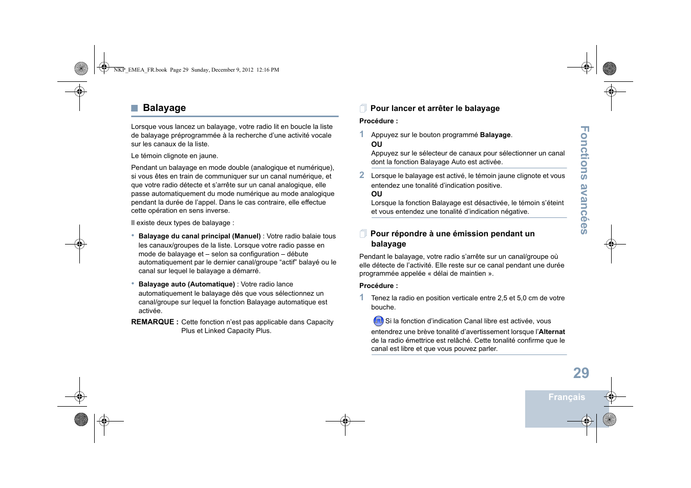 Balayage, Pour lancer et arrêter le balayage, Pour répondre à une émission pendant un balayage | Fonctions avancées | Motorola DP 2400 User Manual | Page 141 / 472