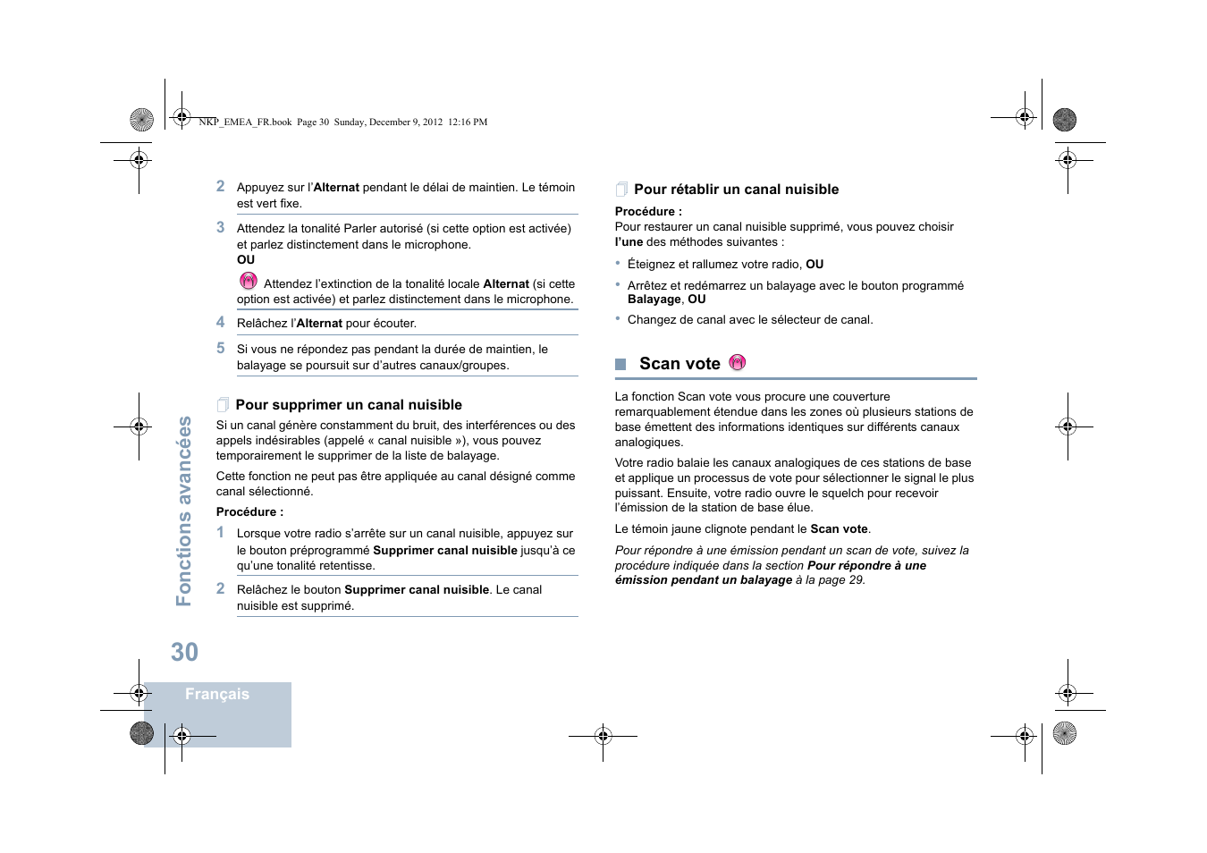 Pour supprimer un canal nuisible, Pour rétablir un canal nuisible, Scan vote | Fonctions avancées | Motorola DP 2400 User Manual | Page 142 / 472