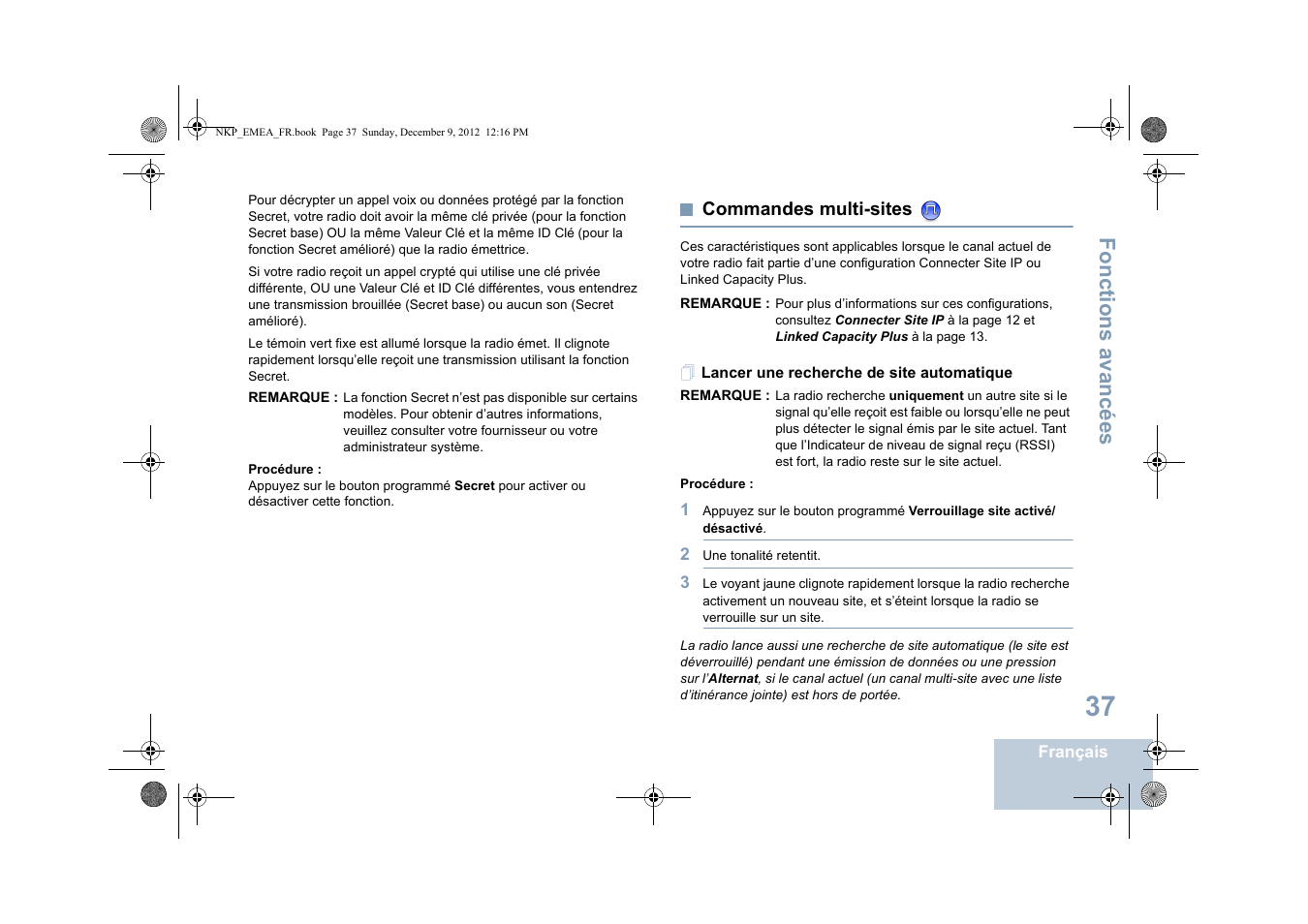 Commandes multi-sites, Lancer une recherche de site automatique, Fonctions avancées | Motorola DP 2400 User Manual | Page 149 / 472