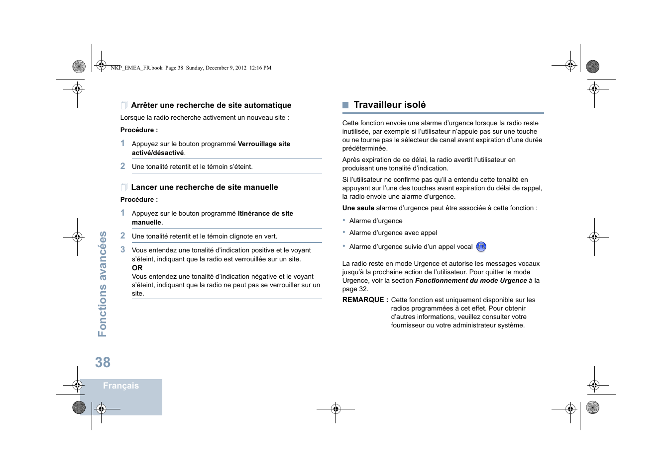 Arrêter une recherche de site automatique, Lancer une recherche de site manuelle, Travailleur isolé | Fonctions avancées | Motorola DP 2400 User Manual | Page 150 / 472