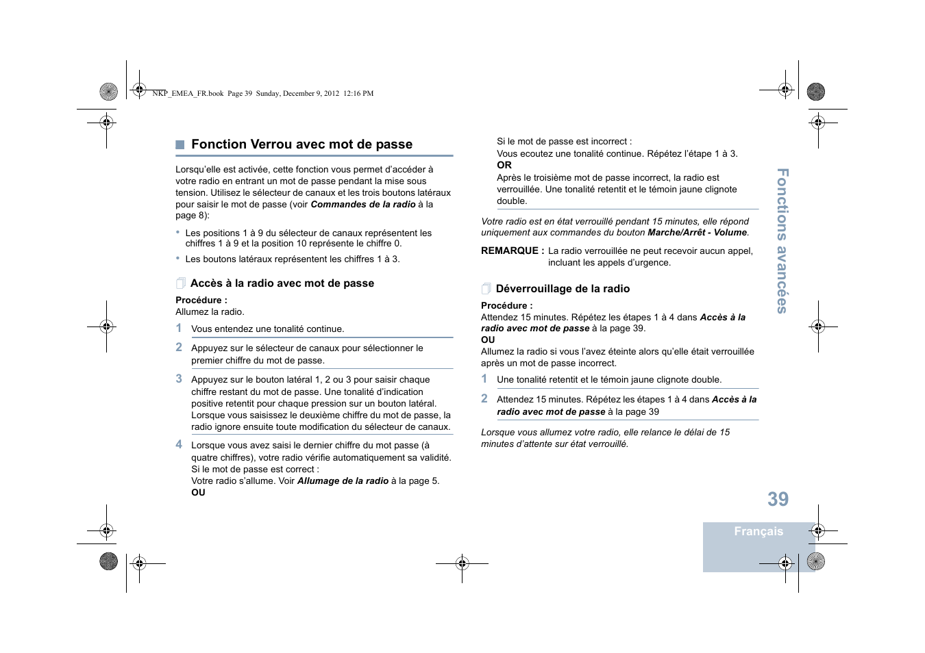 Fonction verrou avec mot de passe, Accès à la radio avec mot de passe, Déverrouillage de la radio | Fonctions avancées | Motorola DP 2400 User Manual | Page 151 / 472