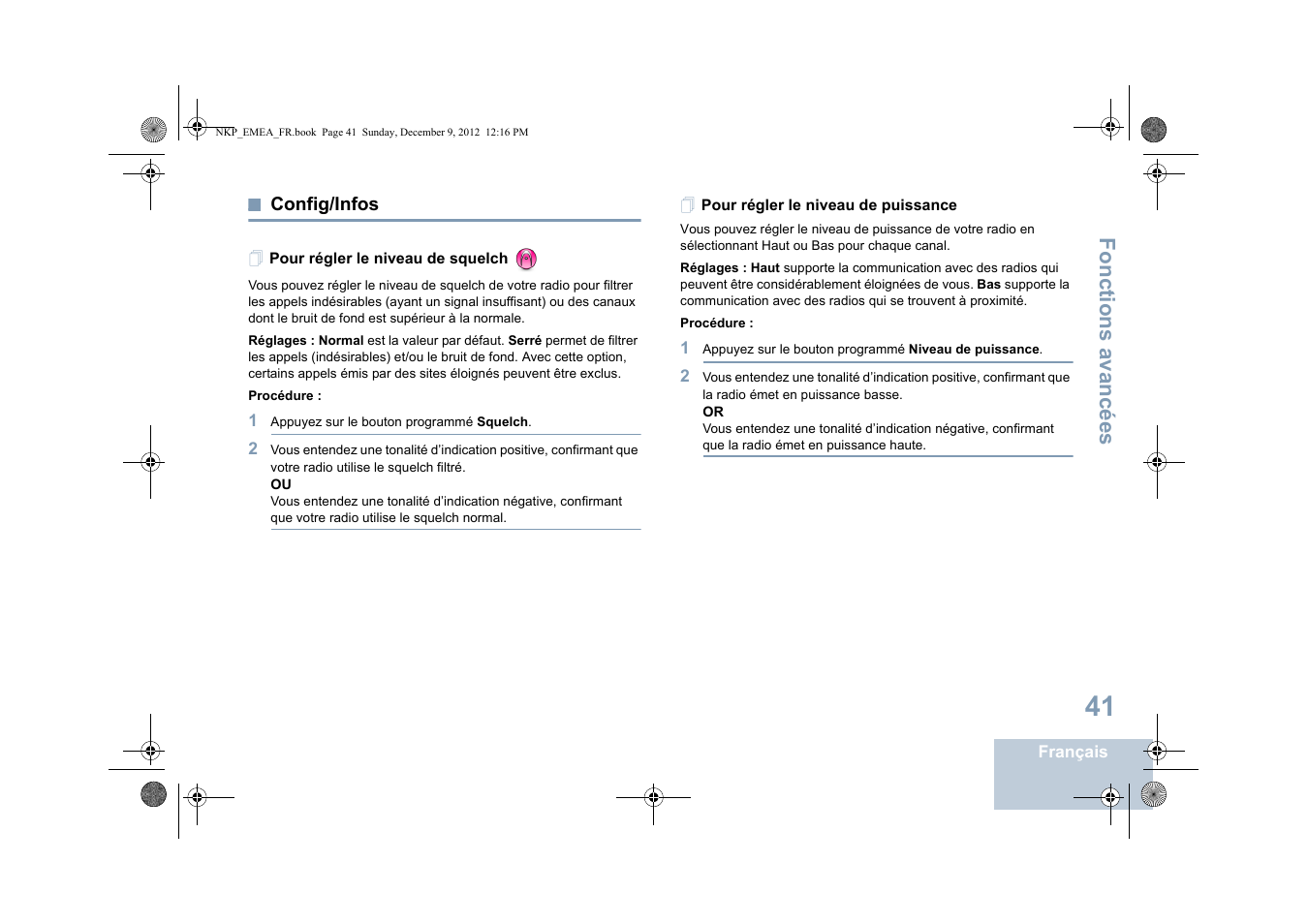 Config/infos, Pour régler le niveau de squelch, Pour régler le niveau de puissance | Fonctions avancées | Motorola DP 2400 User Manual | Page 153 / 472