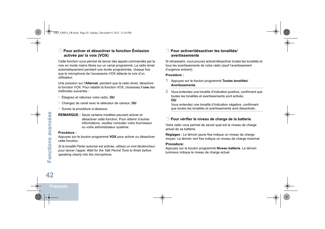 Pour vérifier le niveau de charge de la batterie, Fonctions avancées | Motorola DP 2400 User Manual | Page 154 / 472