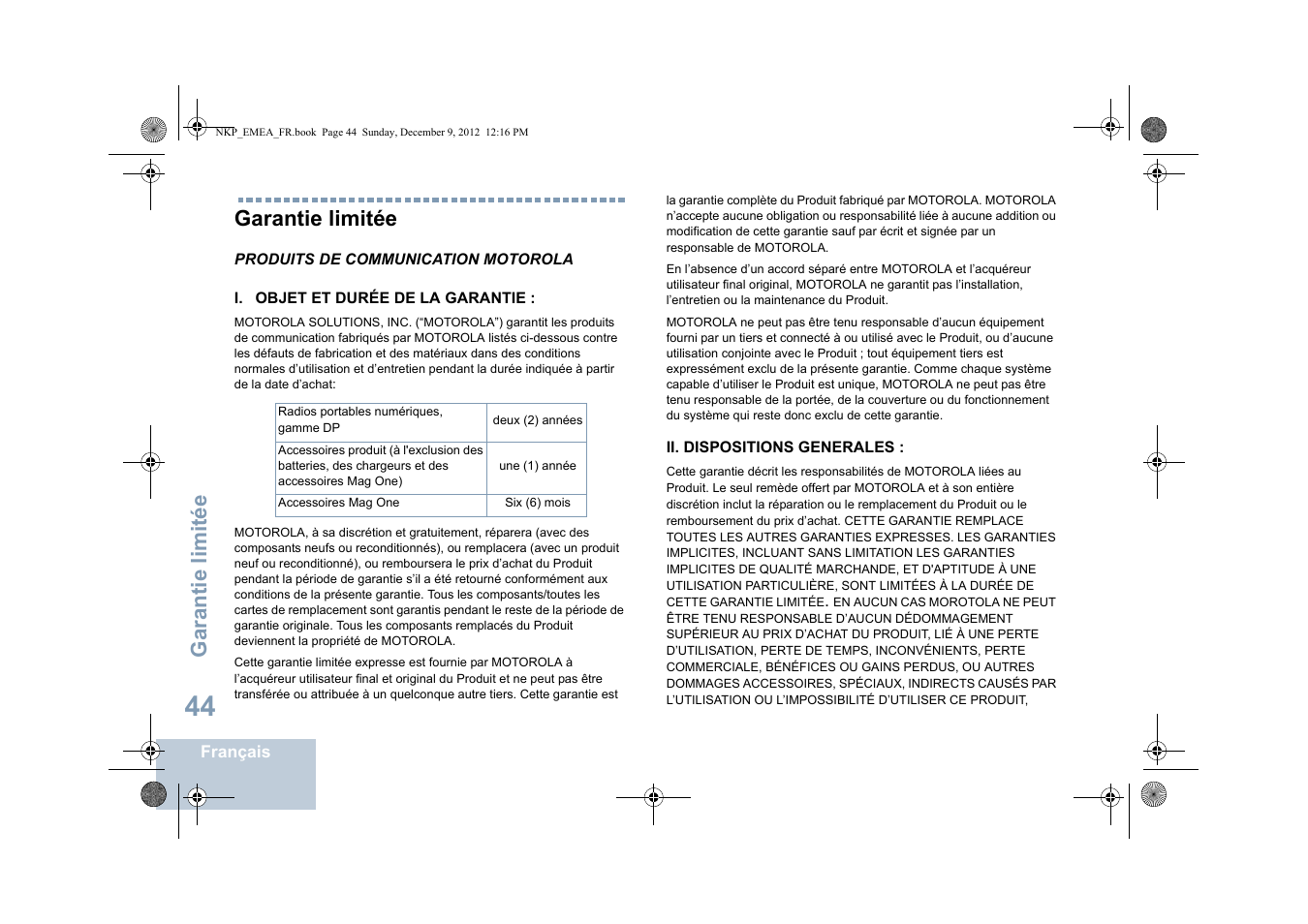 Garantie limitée | Motorola DP 2400 User Manual | Page 156 / 472