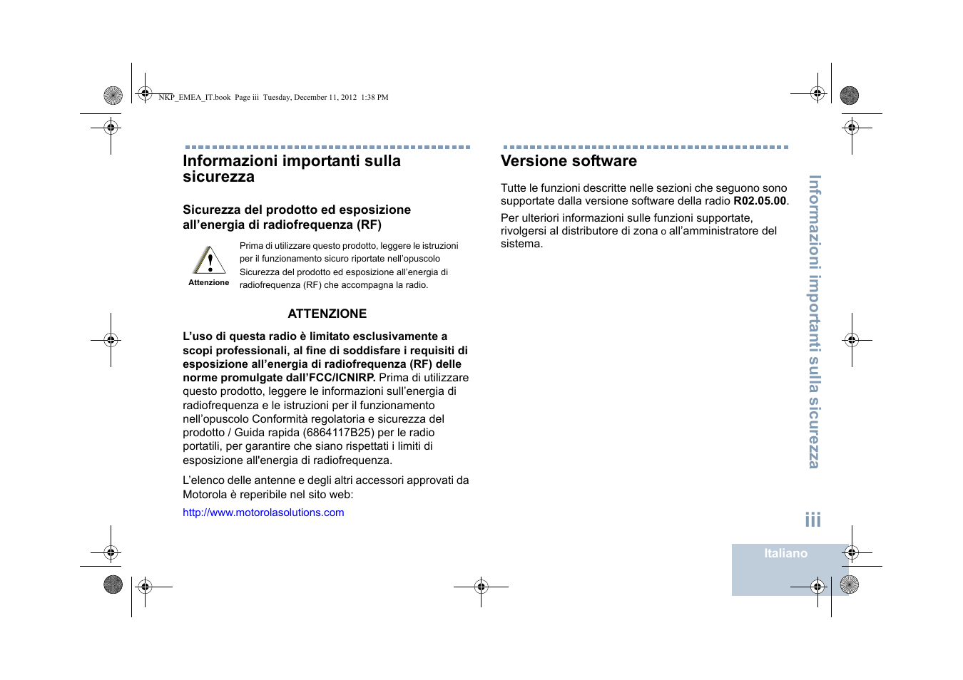 Informazioni importanti sulla sicurezza, Versione software | Motorola DP 2400 User Manual | Page 161 / 472