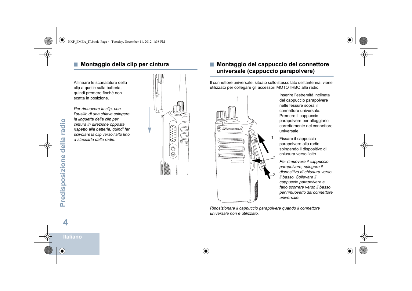 Montaggio della clip per cintura, Cappuccio parapolvere), Predisposizione della radio | Motorola DP 2400 User Manual | Page 168 / 472