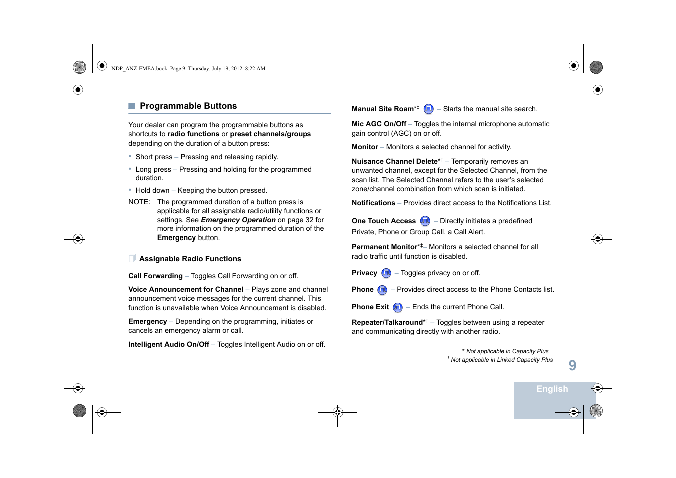 Programmable buttons, Assignable radio functions | Motorola DP 2400 User Manual | Page 17 / 472