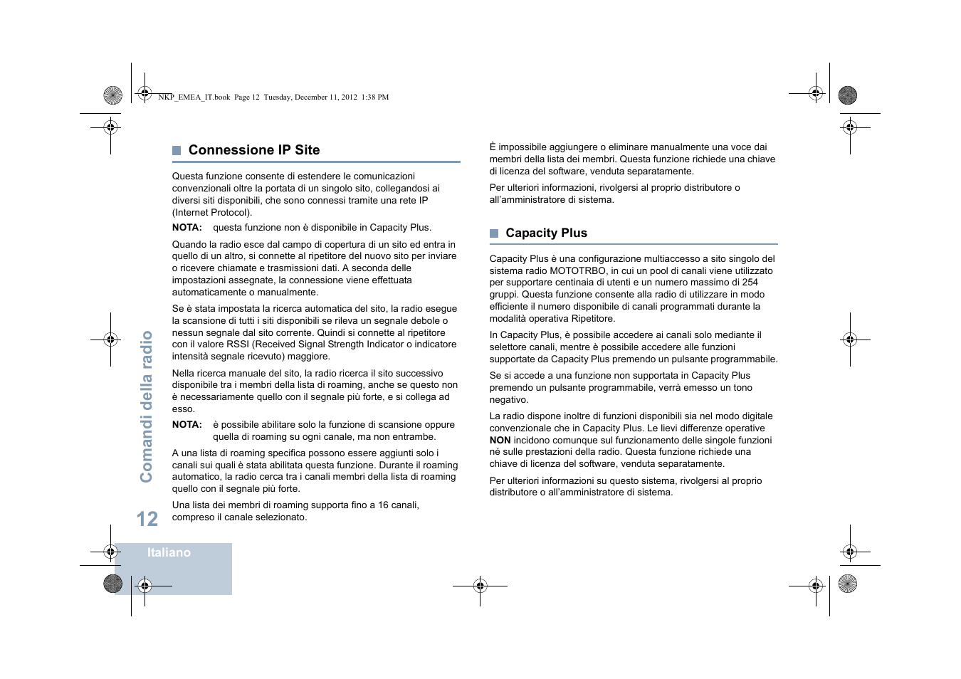 Connessione ip site, Capacity plus, Connessione ip site capacity plus | Comandi del la ra dio | Motorola DP 2400 User Manual | Page 176 / 472