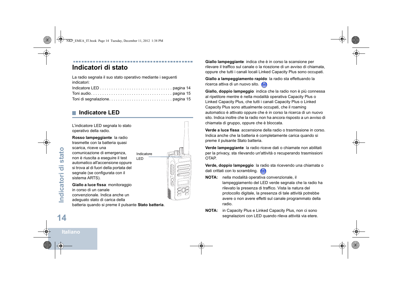 Indicatori di stato, Indicatore led, Indicatori di st ato | Motorola DP 2400 User Manual | Page 178 / 472