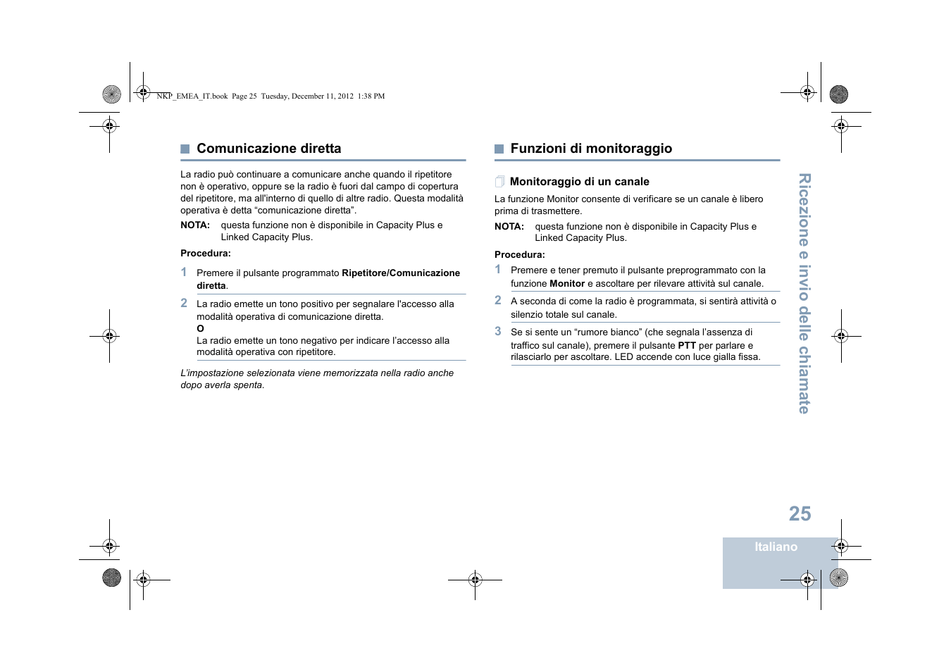 Comunicazione diretta, Funzioni di monitoraggio, Monitoraggio di un canale | Comunicazione diretta funzioni di monitoraggio, Ricezione e invio delle chiamate | Motorola DP 2400 User Manual | Page 189 / 472