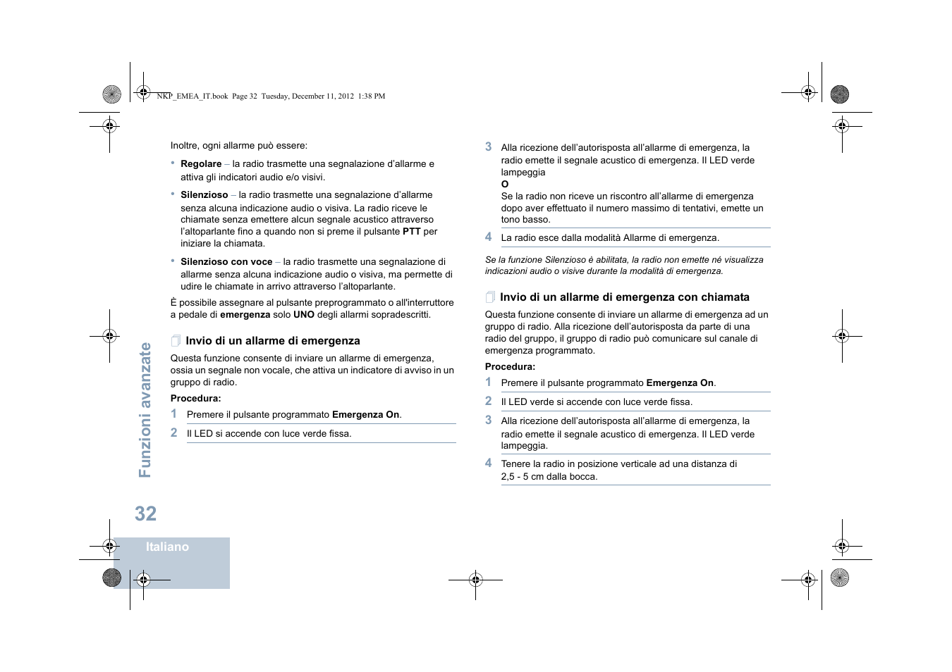 Invio di un allarme di emergenza, Invio di un allarme di emergenza con chiamata, Funzioni avanzate | Motorola DP 2400 User Manual | Page 196 / 472