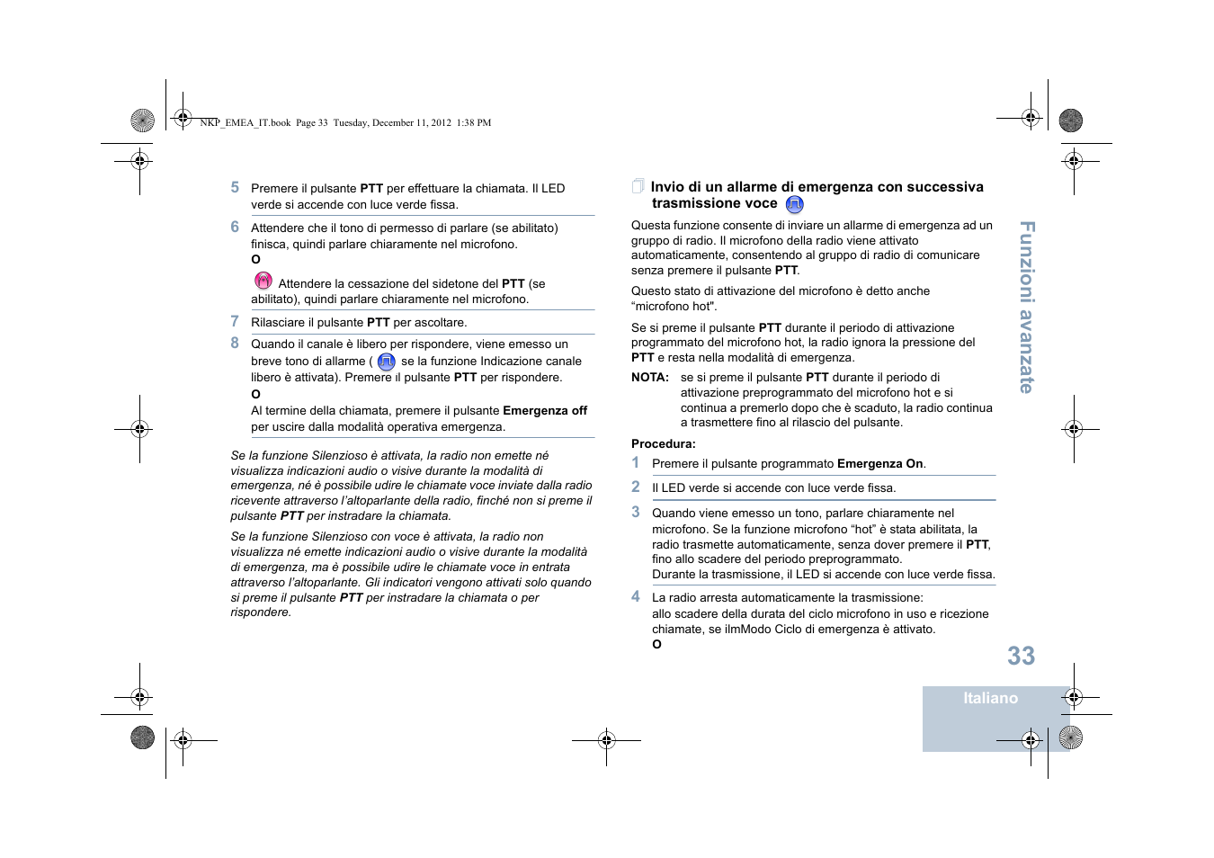 Invio di un allarme di emergenza con successiva, Trasmissione voce, Funzioni a vanza te | Motorola DP 2400 User Manual | Page 197 / 472