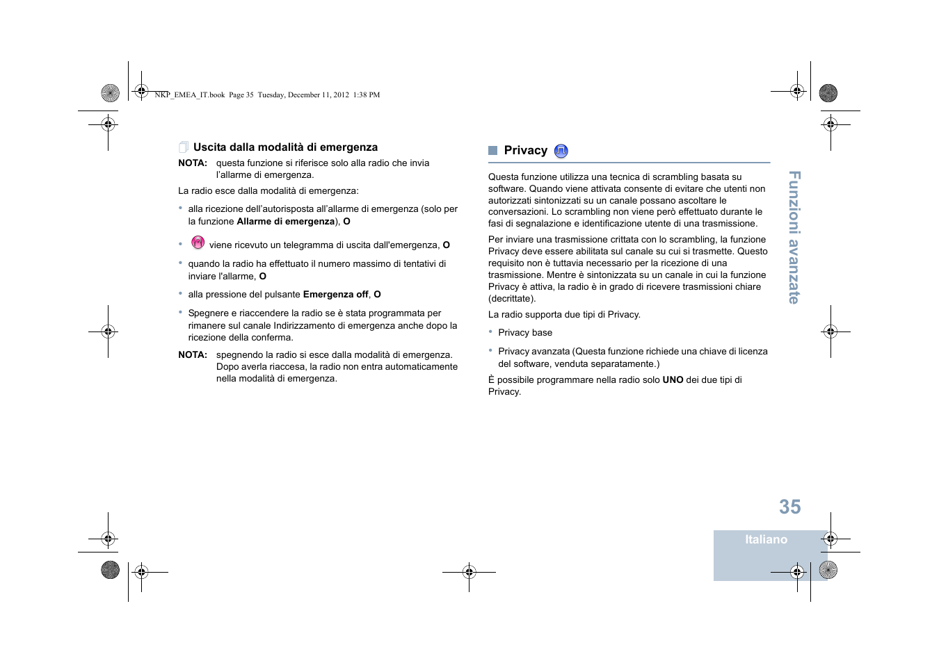 Uscita dalla modalità di emergenza, Privacy, Re privacy | Funzioni a vanza te | Motorola DP 2400 User Manual | Page 199 / 472