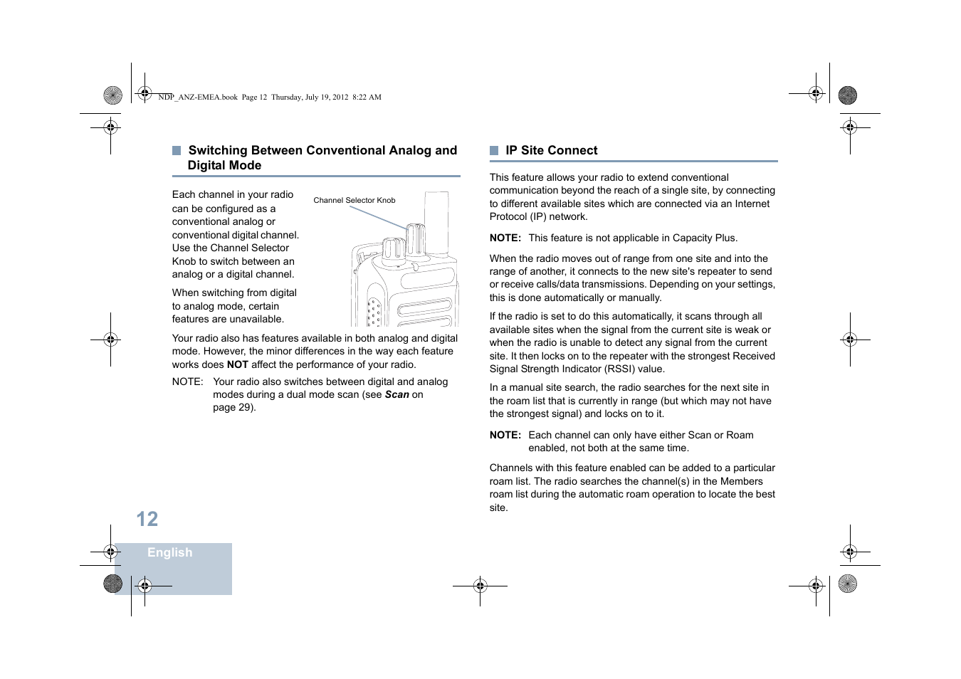 Ip site connect, Switching between conventional analog and, Digital mode | Motorola DP 2400 User Manual | Page 20 / 472