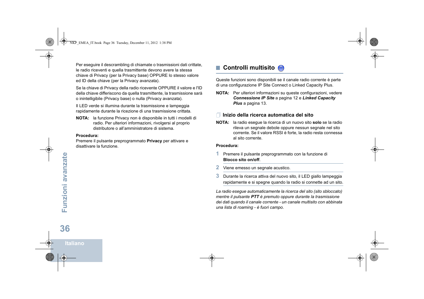 Controlli multisito, Inizio della ricerca automatica del sito, Funzioni avanzate | Motorola DP 2400 User Manual | Page 200 / 472