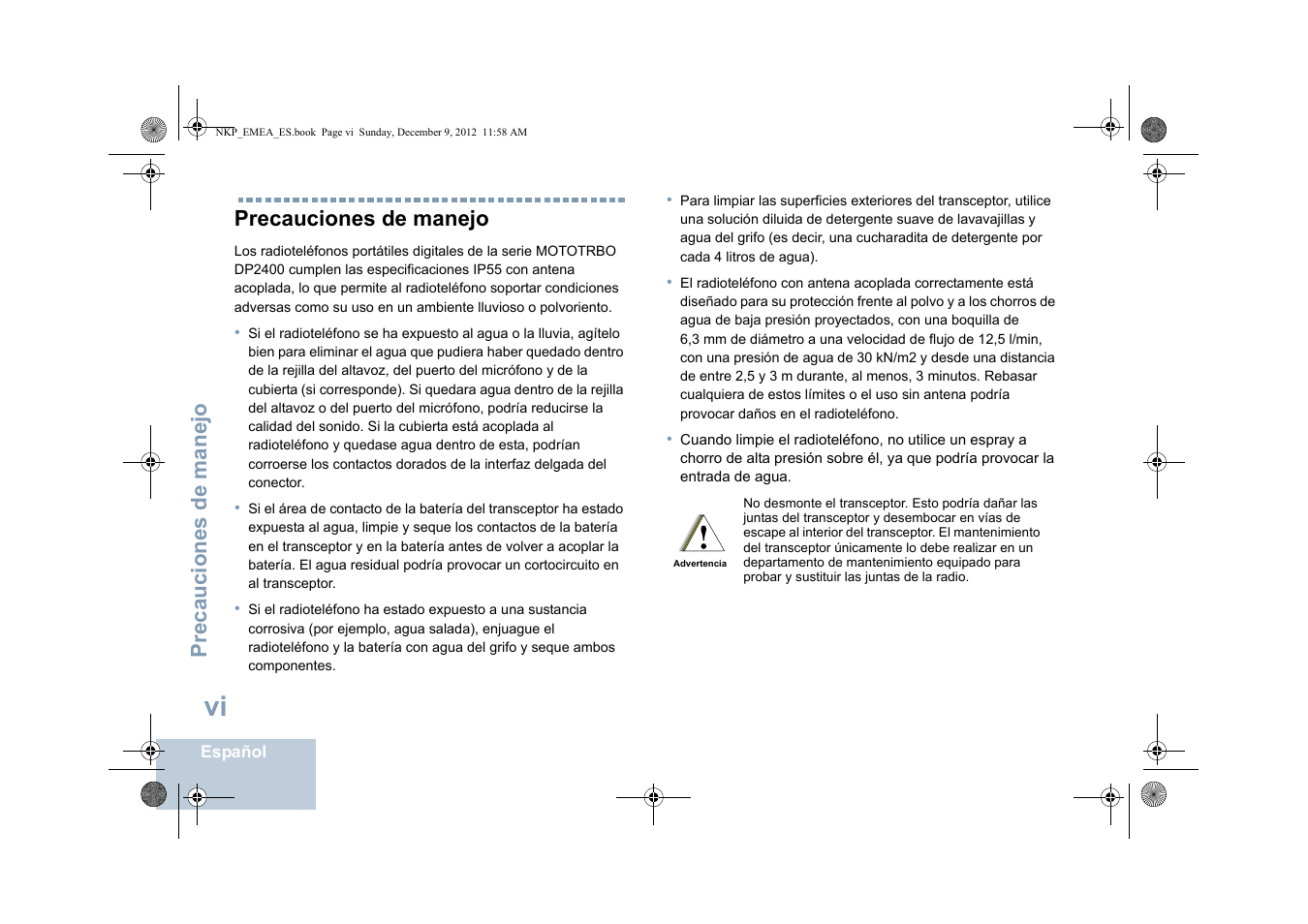 Precauciones de manejo | Motorola DP 2400 User Manual | Page 216 / 472