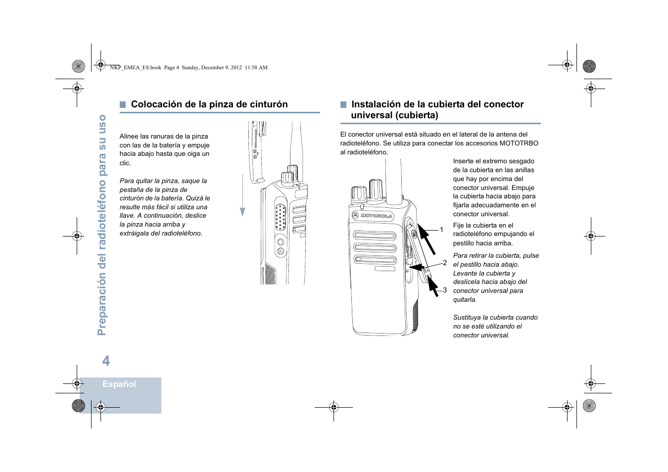 Colocación de la pinza de cinturón, Cubierta), Prep aración del radio teléfono p ara su uso | Motorola DP 2400 User Manual | Page 220 / 472